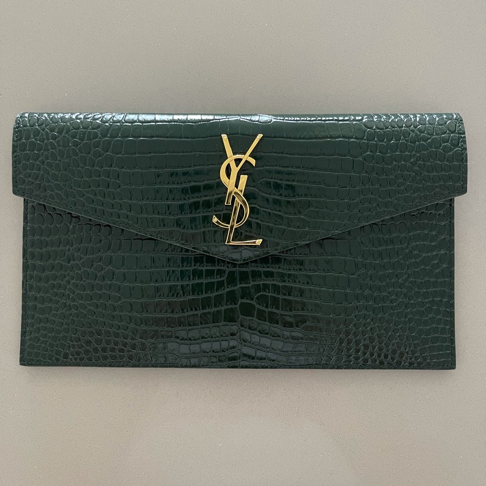 YSL crocodile embossed envelope pouch